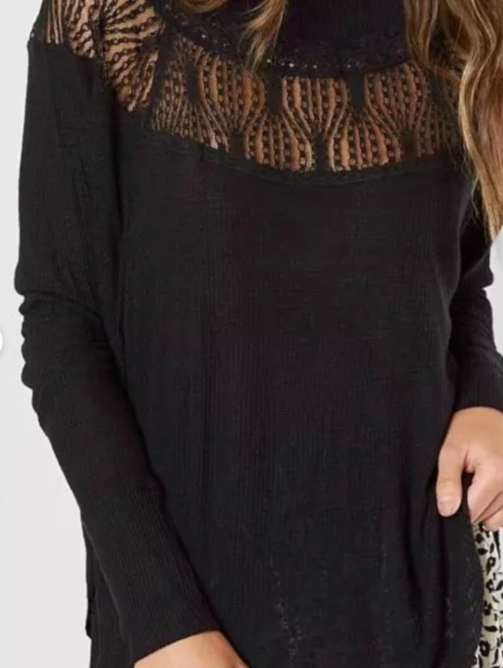 Free People Black Knit Lace Yoke Long-sleeve Top
